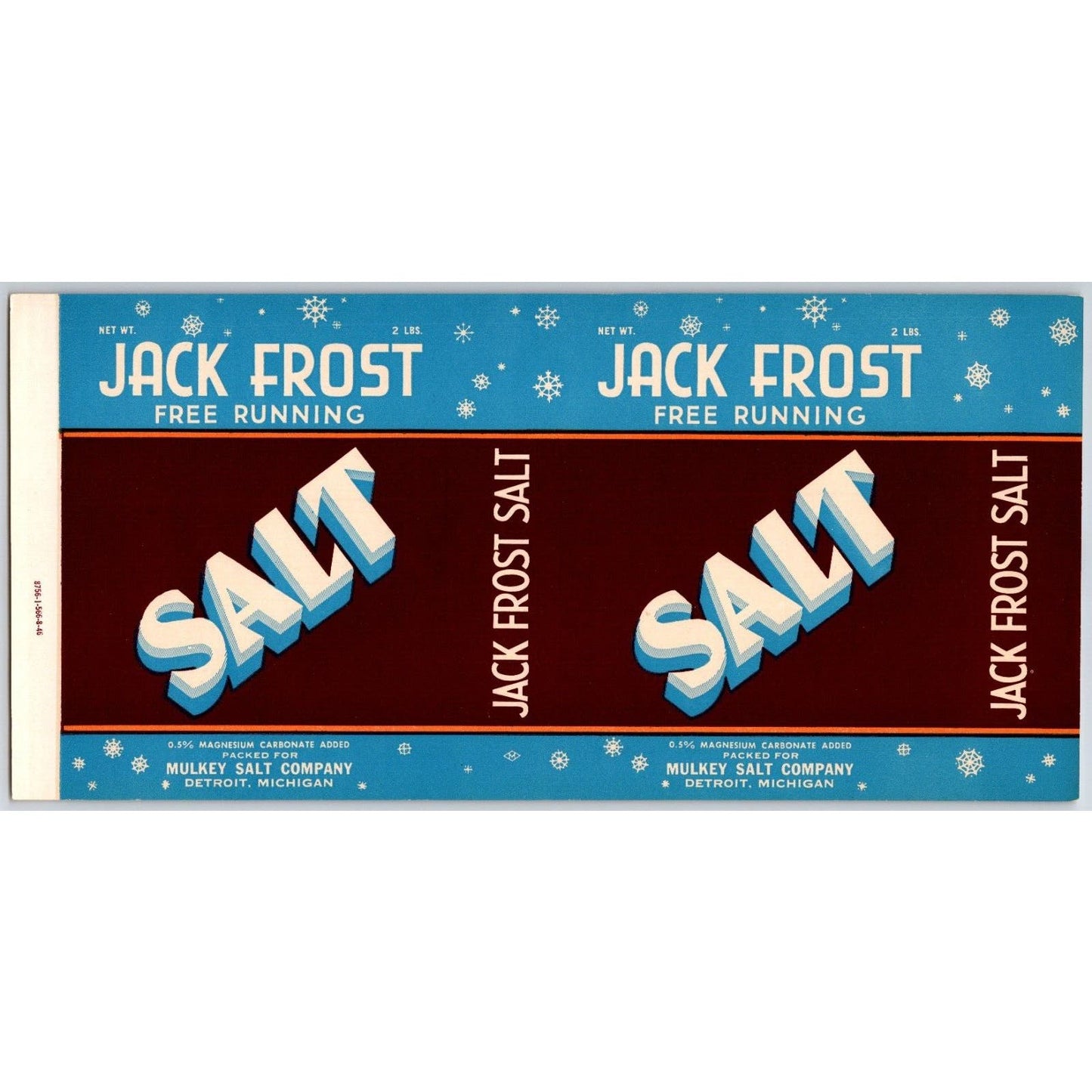 Jack Frost Free Running Salt Paper Label 1946 Mulkey Salt Co. Detroit - Scarce