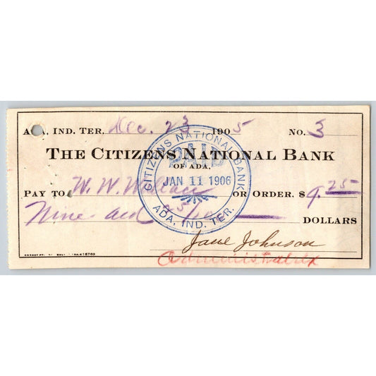 Ada, Oklahoma 1905 Indian Territory Citizens Nation Bank Check - Scarce