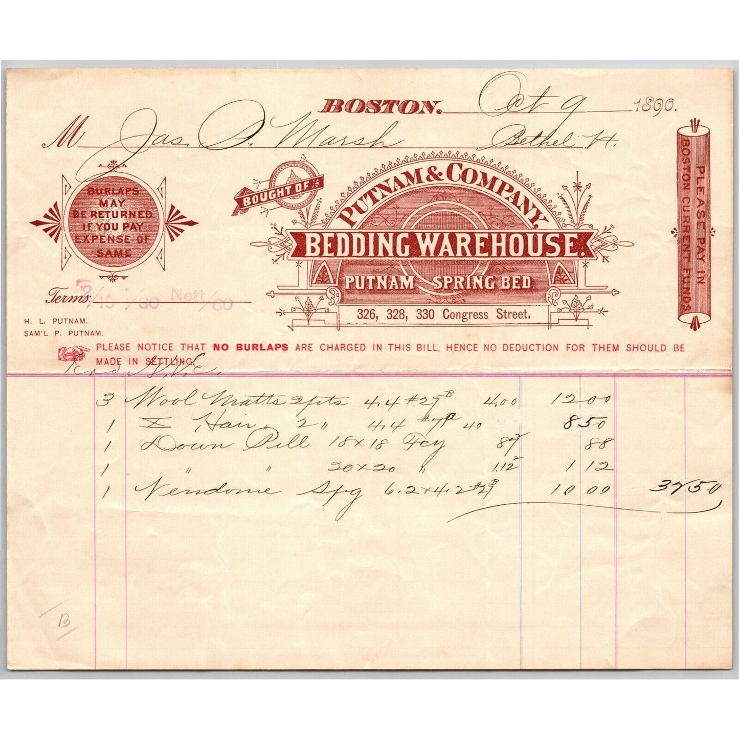 Boston, MA Putnam & Company Bedding 1890 Billhead - Marsh Bethel, VT Scarce