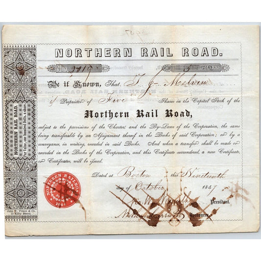 1847 Boston, MA Northern Railroad Stock Certificate No. 2019 for 5 Shares