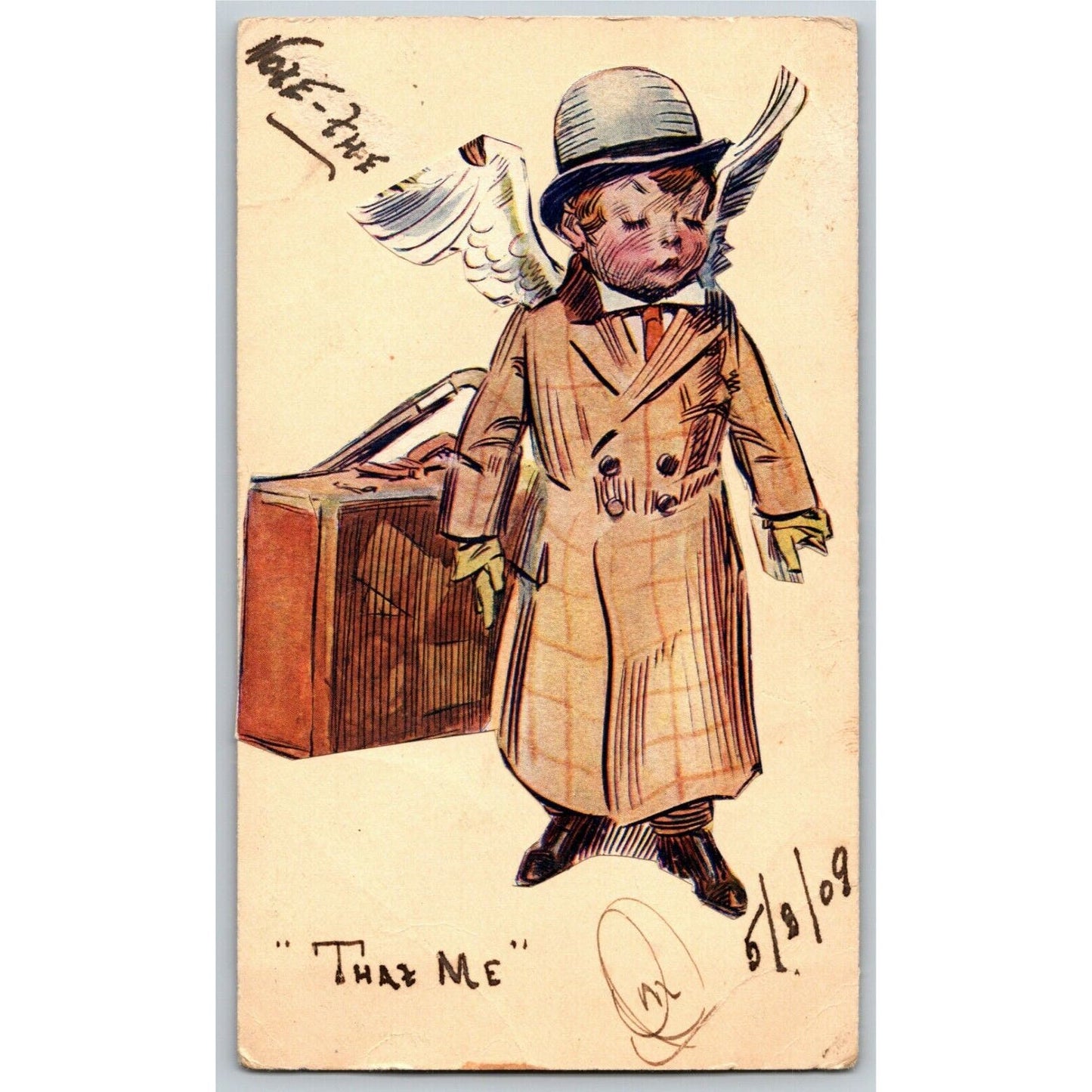 c1909 Feather Winged Boy (Angel?) w/ Hat and Suitcase - Applied Art Postcard