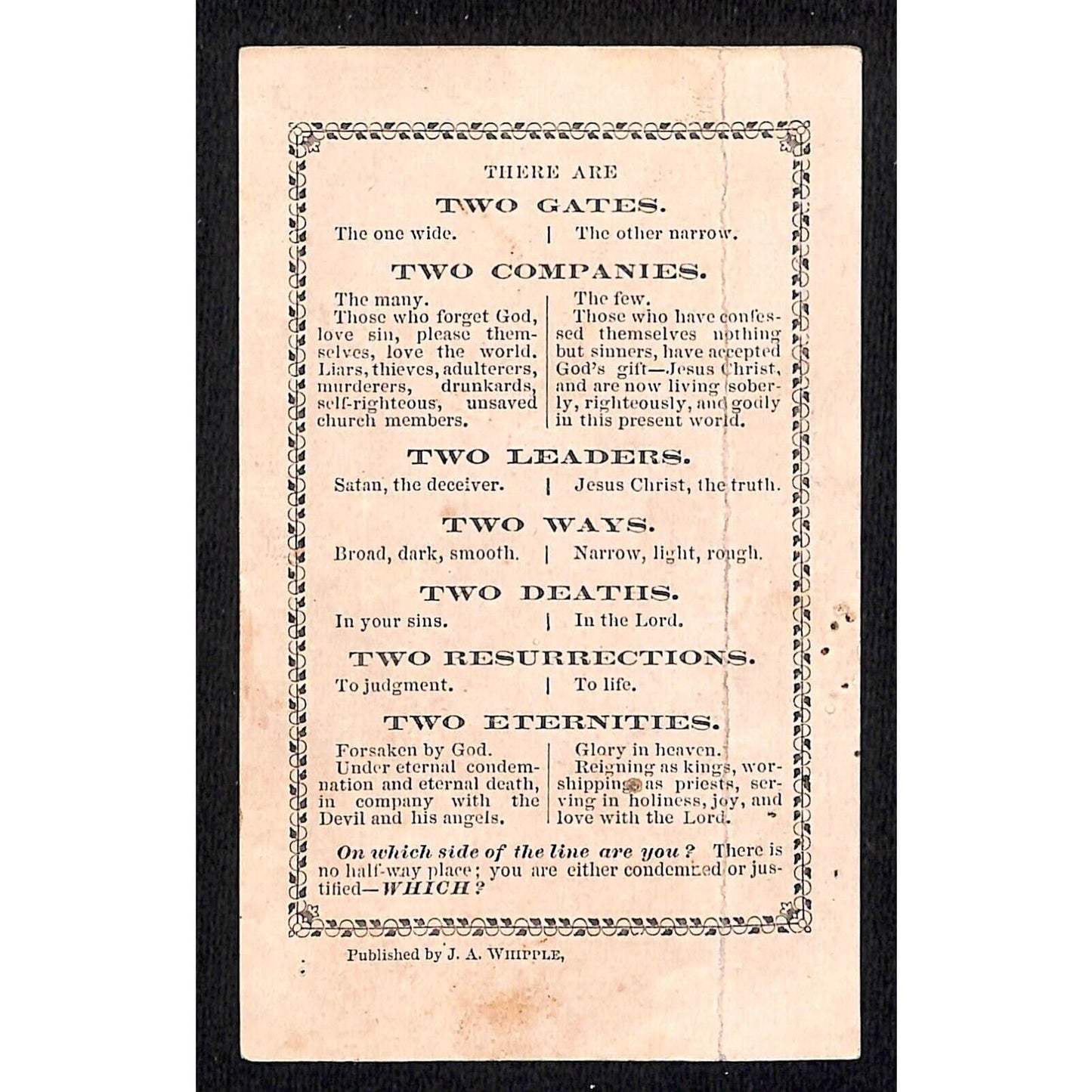 Victorian (Reverend?) J.A. Whipple "Two Roads / Two Gates" Religion Card