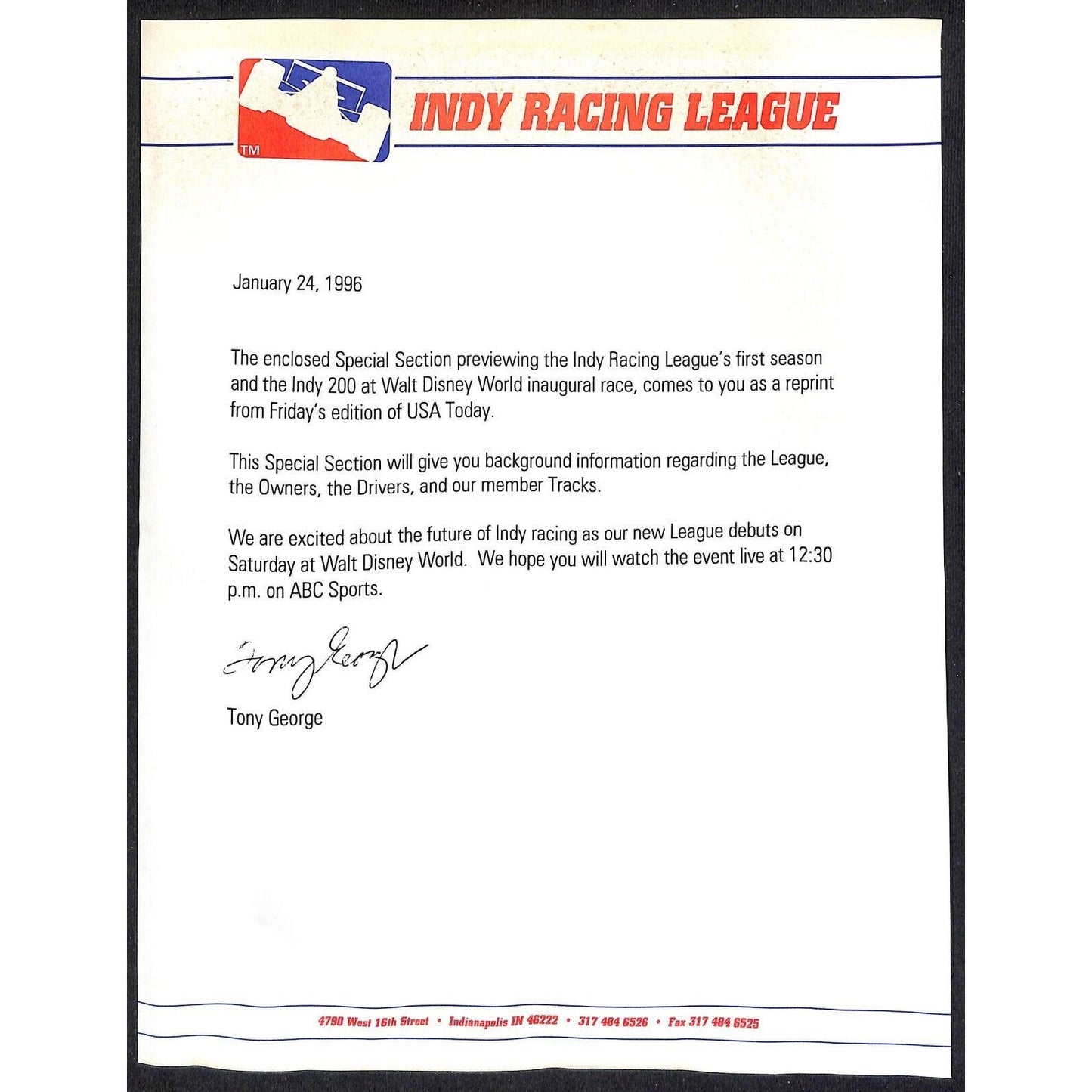 1996 Indy Racing League Letterhead RE: Disney Indy 200 Inaugural Race