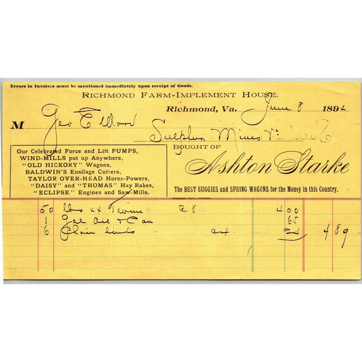 Ashton Starke Buggies and Wagons Richmond, VA Letterhead to Geo. E. Wear 1896