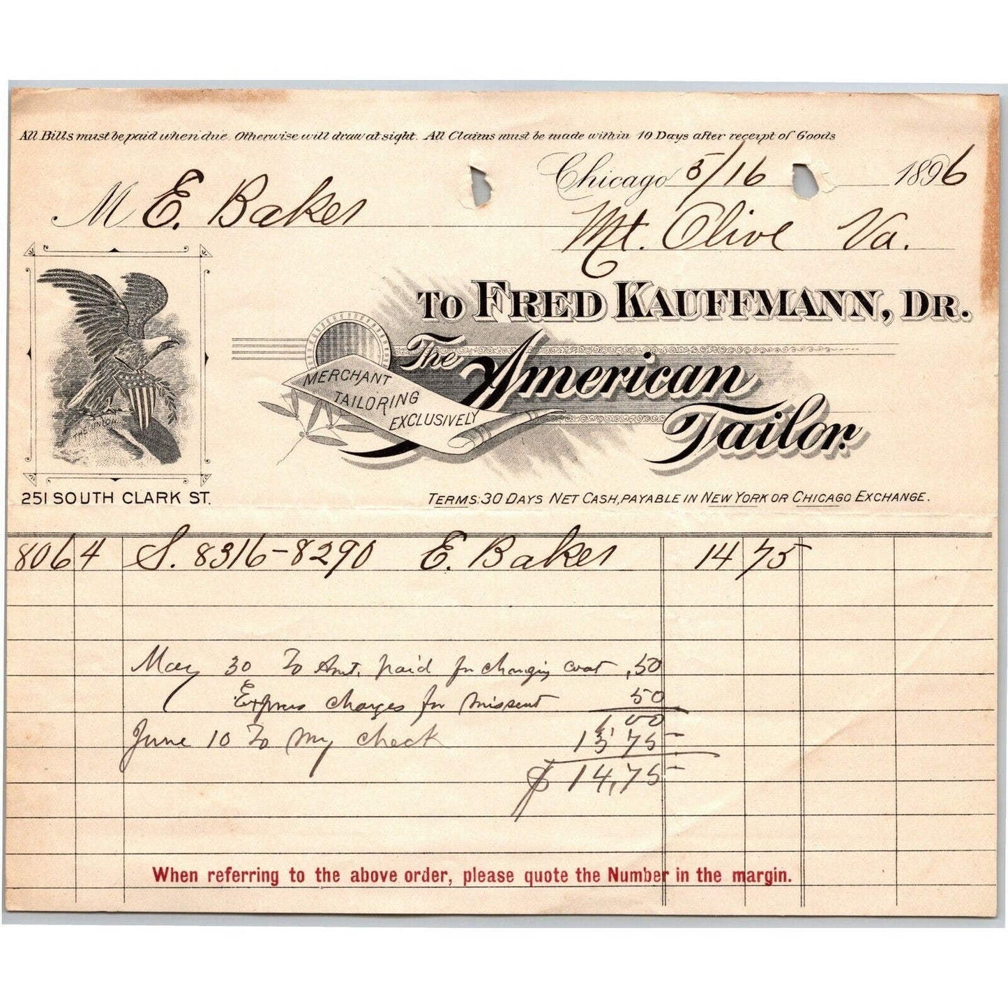 1896 Letterhead Fred Kauffmann "The American Tailor" Chicago - Ephraim Baker*
