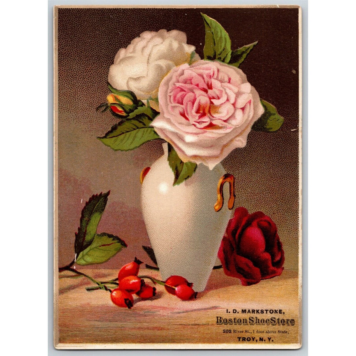 I. D. Markstone, Boston Shoe Store, Troy, N. Y. NY Large Victorian Trade Card