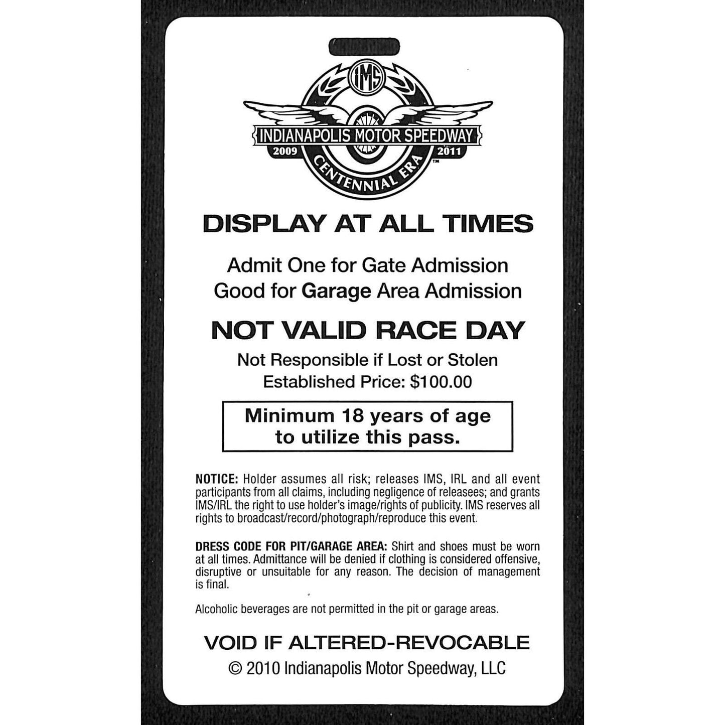 2010 Indy 500 Garage Access Ticket Pass Indianapolis IMS #2330 VGC Rick Mears