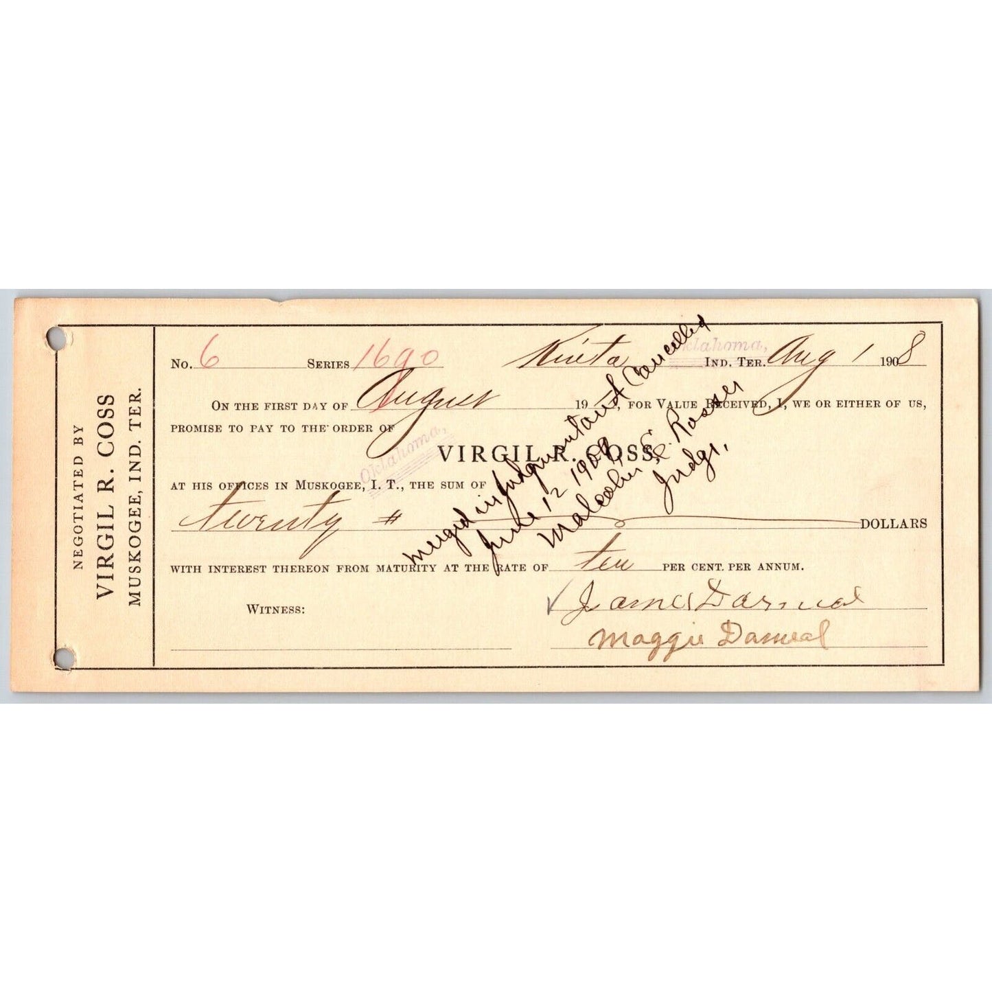 Kinta - Muskogee Oklahoma 1908 Virgil R Cross Indian Territory Promissory Note