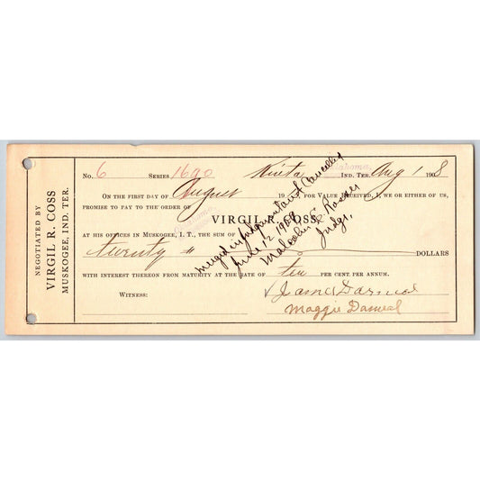 Kinta - Muskogee Oklahoma 1908 Virgil R Cross Indian Territory Promissory Note