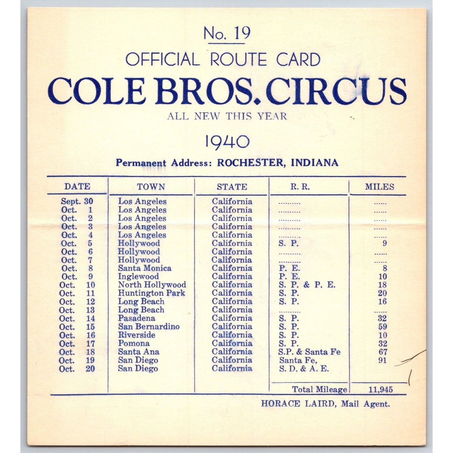 1940 Cole Bros Circus Route Card - Several California Stops