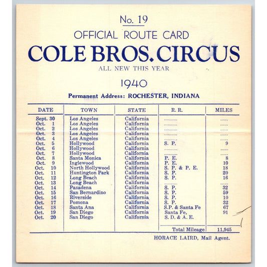 1940 Cole Bros Circus Route Card - Several California Stops
