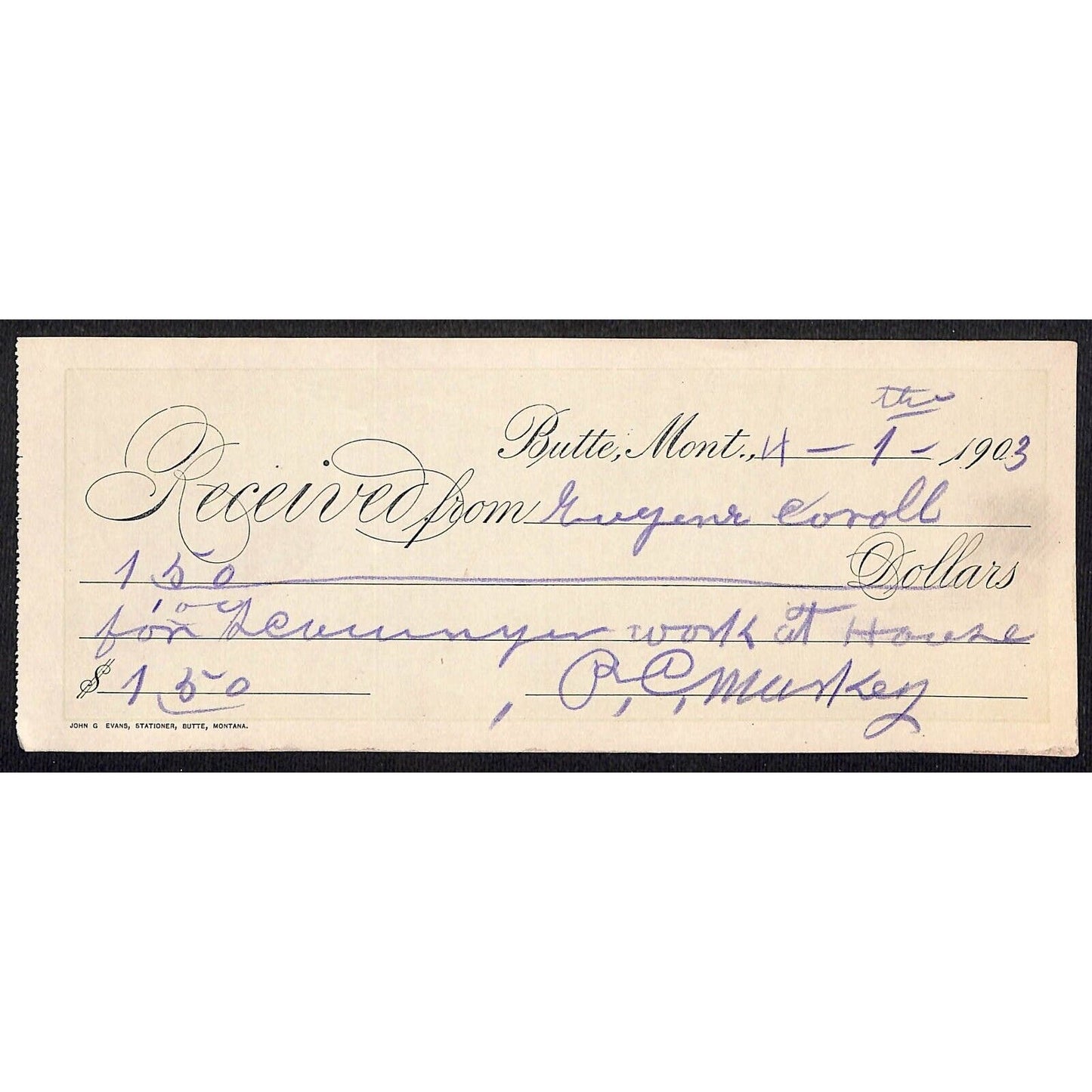 1903 Butte Montana Eugene Carroll - Payment Receipt