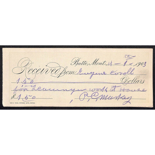 1903 Butte Montana Eugene Carroll - Payment Receipt