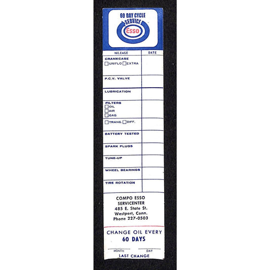 ESSO Westport, CT - Oil Change Service Door Jam Auto Sticker - c1970