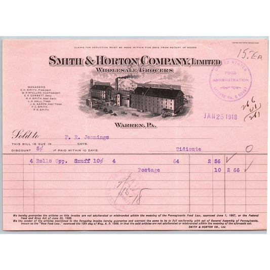 1918 Warren, PA Letterhead Smith & Horton Co Wholesale Grocers w/ Vignette