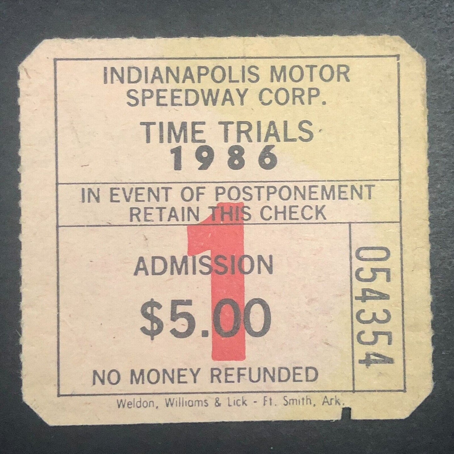 Indianapolis Motor Speedway 1986 Times Trails Rain Check Ticket Stub #54354
