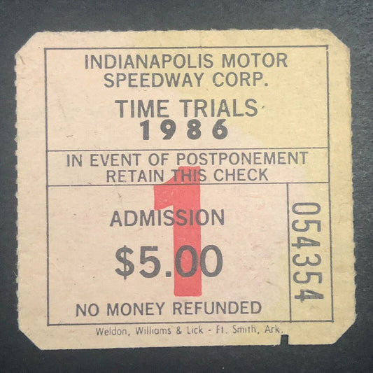 Indianapolis Motor Speedway 1986 Times Trails Rain Check Ticket Stub #54354
