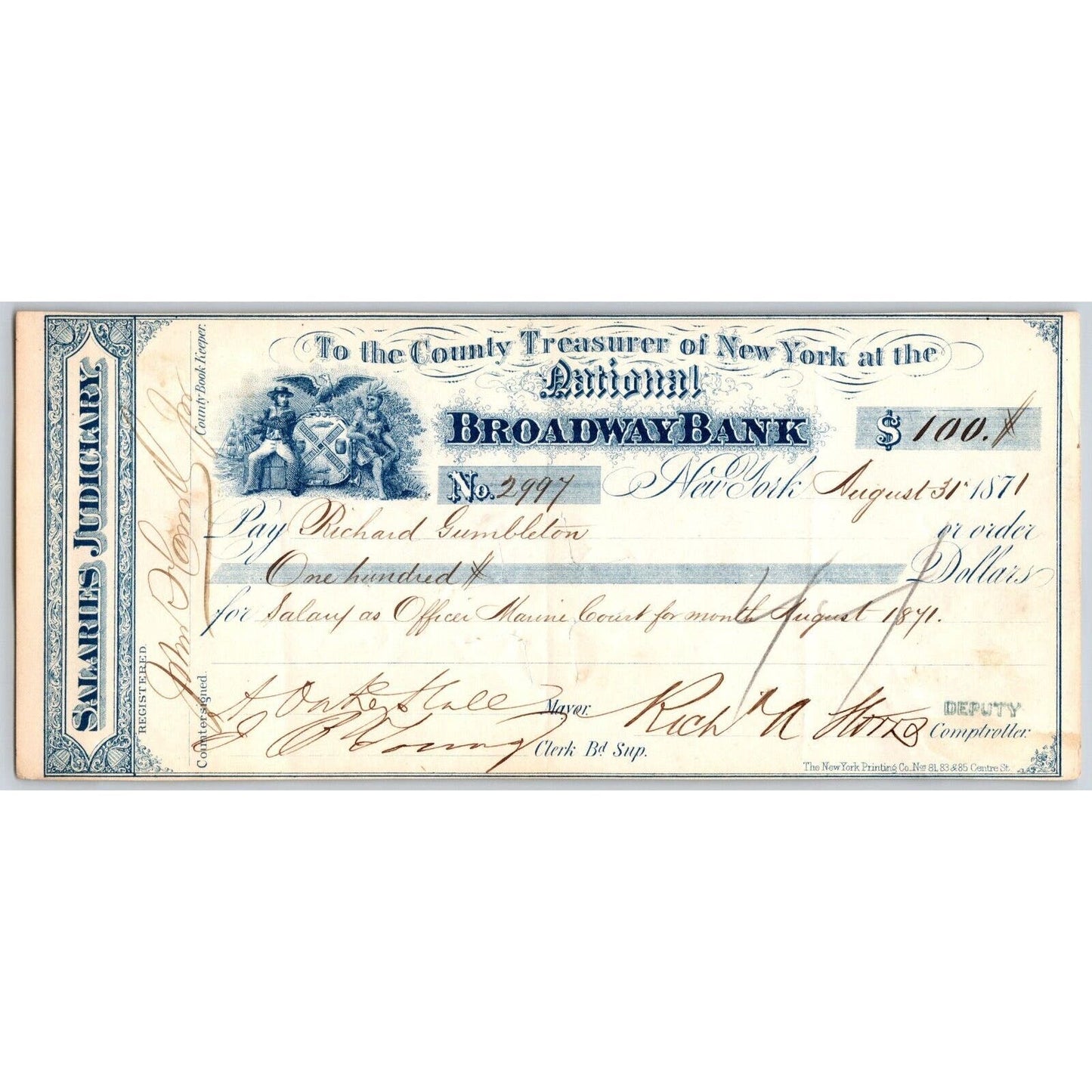 1871 New York / Broadway Bank Treasurer #2997 Check Signed Mayor A. Oakley Hall