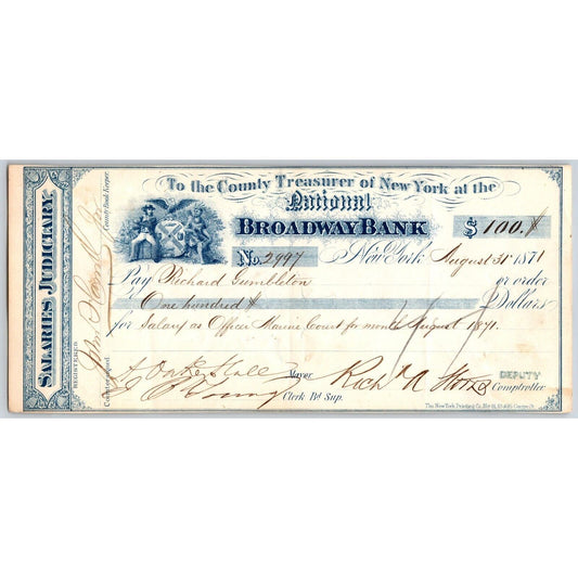 1871 New York / Broadway Bank Treasurer #2997 Check Signed Mayor A. Oakley Hall