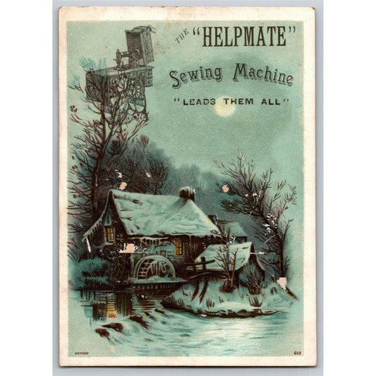 Helpmate Sewing Machine Victorian Trade Card - Winter Stream Waterwheel Scene