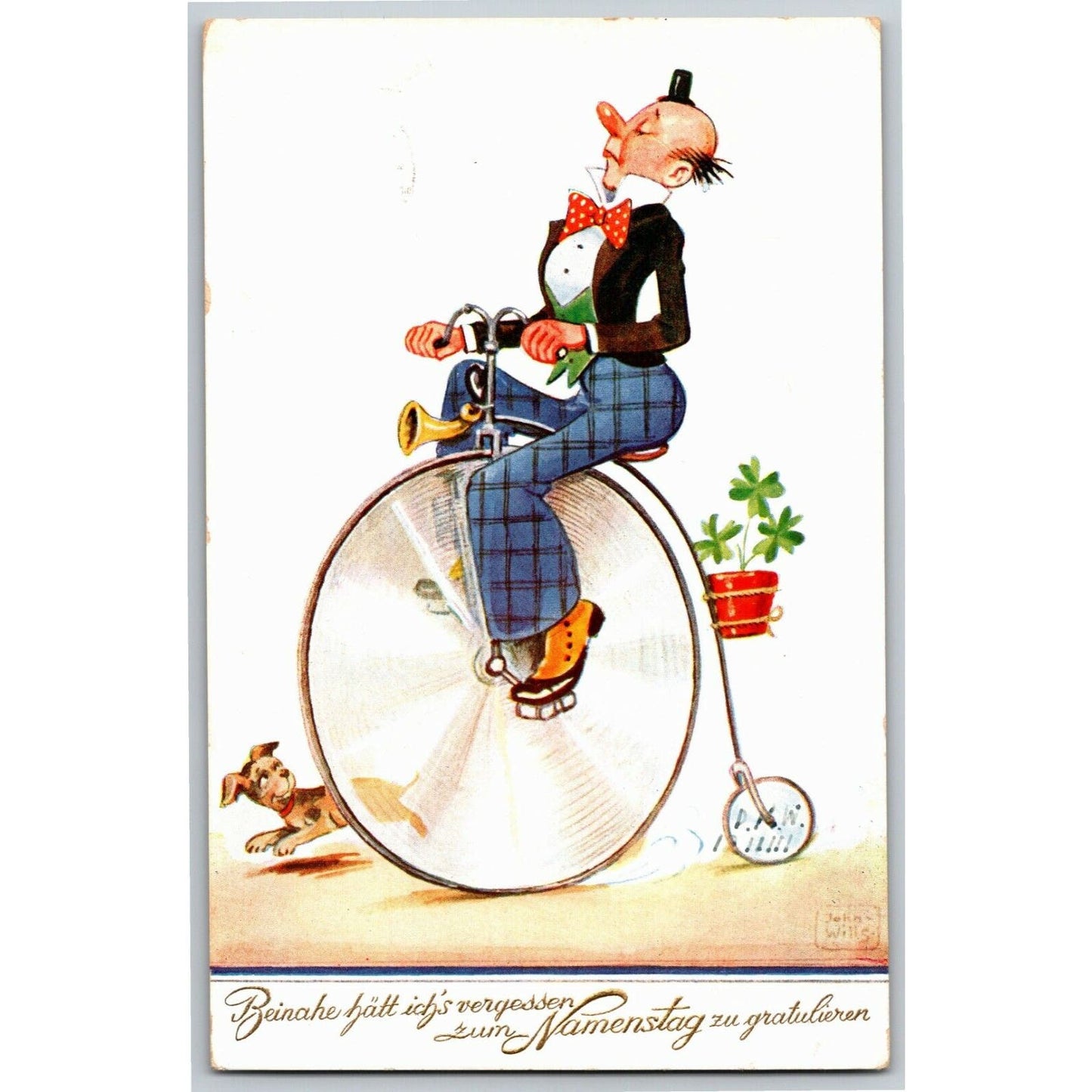 Bicycle Postcard c1933 "Beinahe Halt Ich's Vergessen Namenstag Zu Gratulieren"