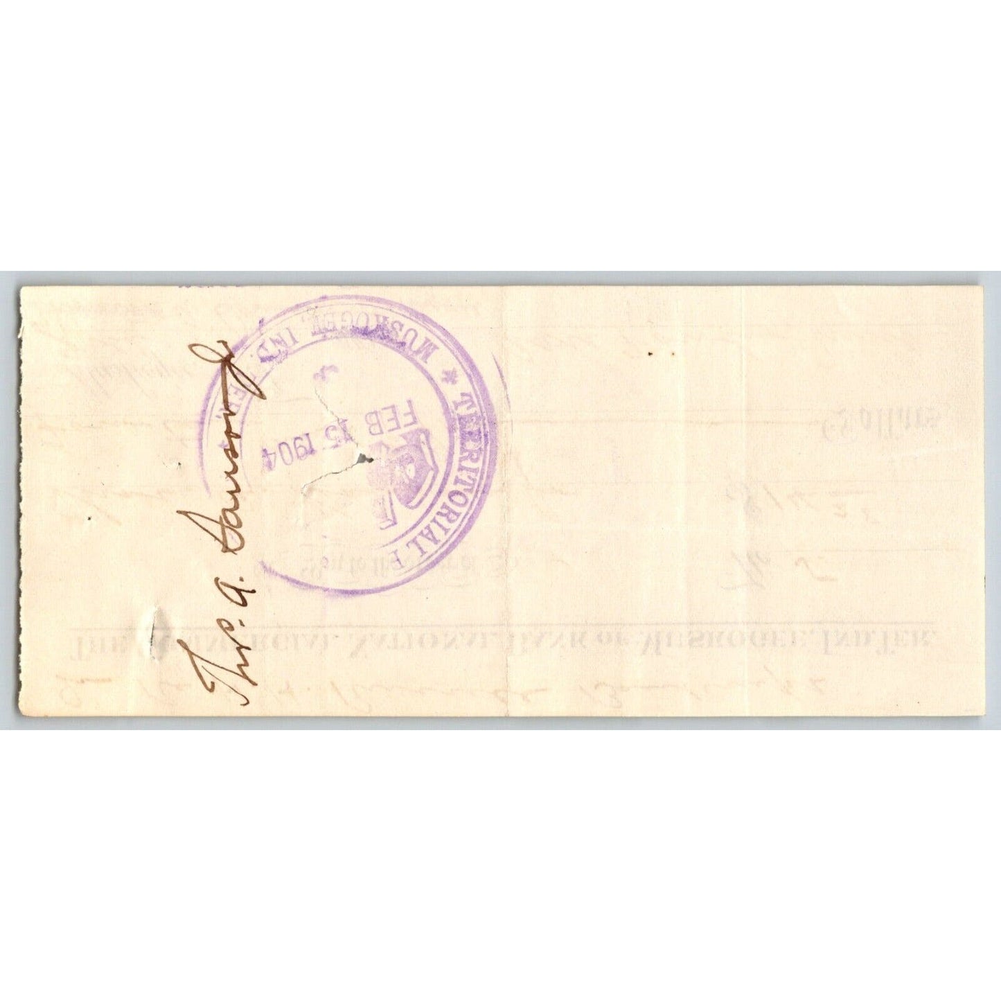 Muskogee, Oklahoma 1904 Indian Territory Commercial National Bank Check Scarce