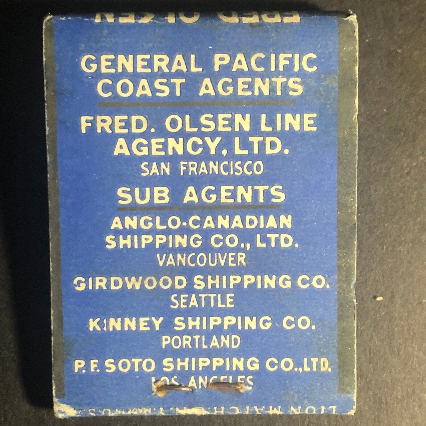 Fred. Olsen Line Ocean Shippers Full 20-Str Matchbook c1940's VGC Scarce