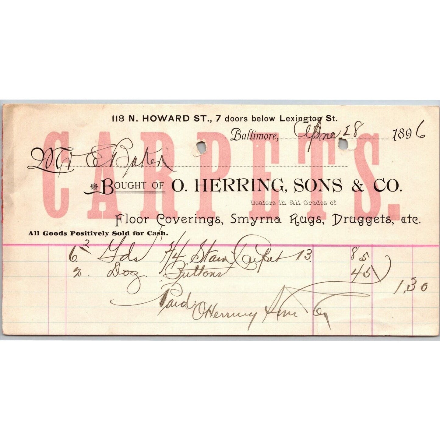 1896 Letterhead O. Herring, Sons & Co. Carpets Rugs Baltimore - Ephraim Baker*
