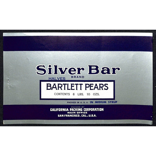 1940 Paper Can Label Silver Bar Brand Bartlett Pear Halves - California Packing