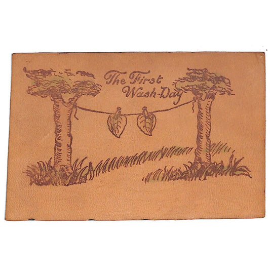 Funny Leather Postcard "The First Wash Day" Adam & Eve / Clothesline Humor