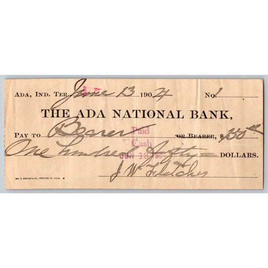 Ada, Oklahoma 1904 Indian Territory $150 Ada National Bank Check - Scarce