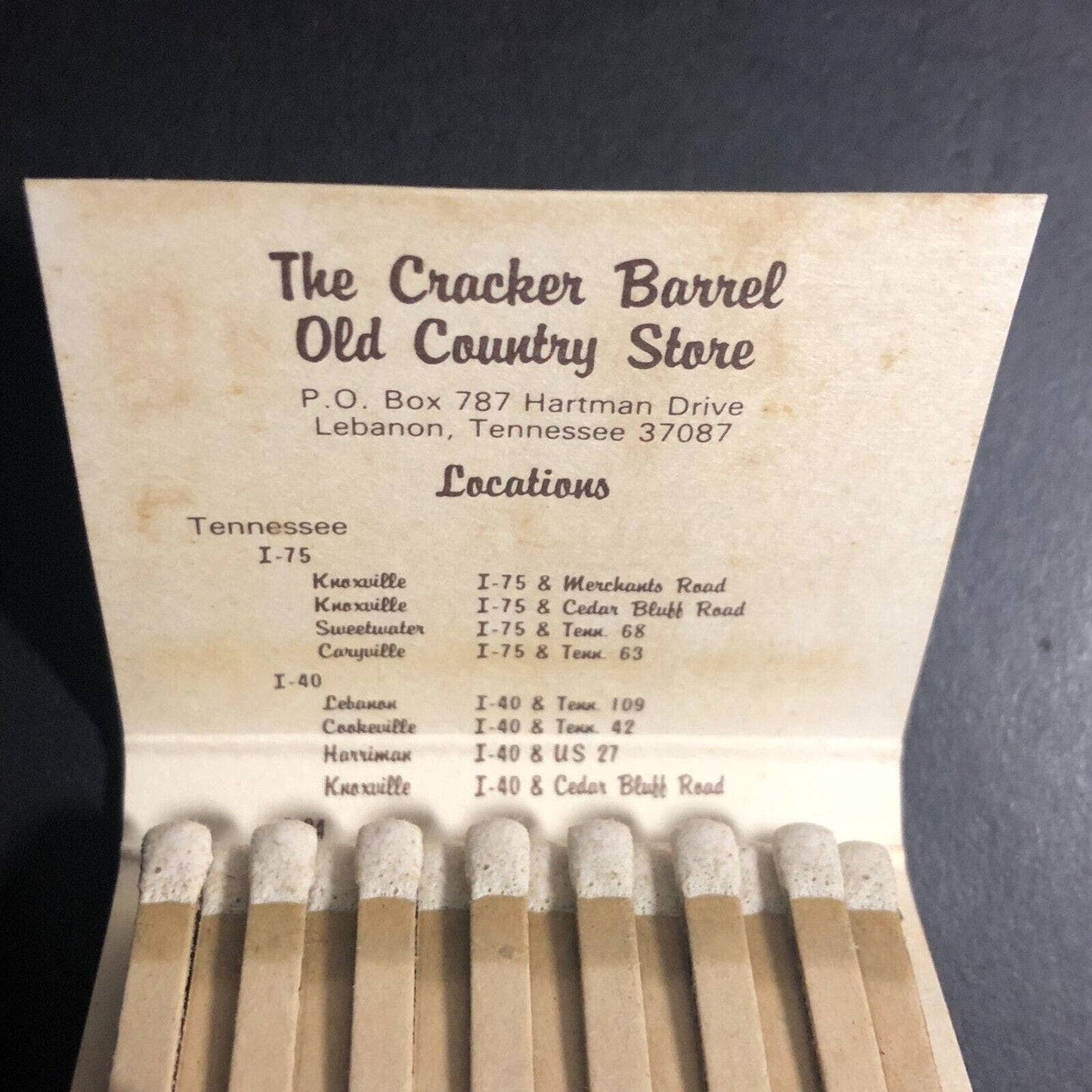 Cracker Barrel Restaurant Tennessee Locations Full Matchbook c1974-84