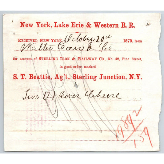 New York, Lake Erie & Western R.R. 1879 Railroad Freight Billhead Walter Cain Co
