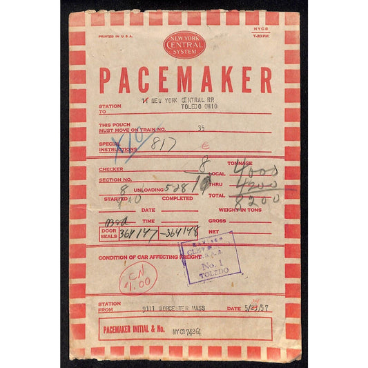 New York Central Railroad Pacemaker Large Tonnage / Condition Envelope 1957