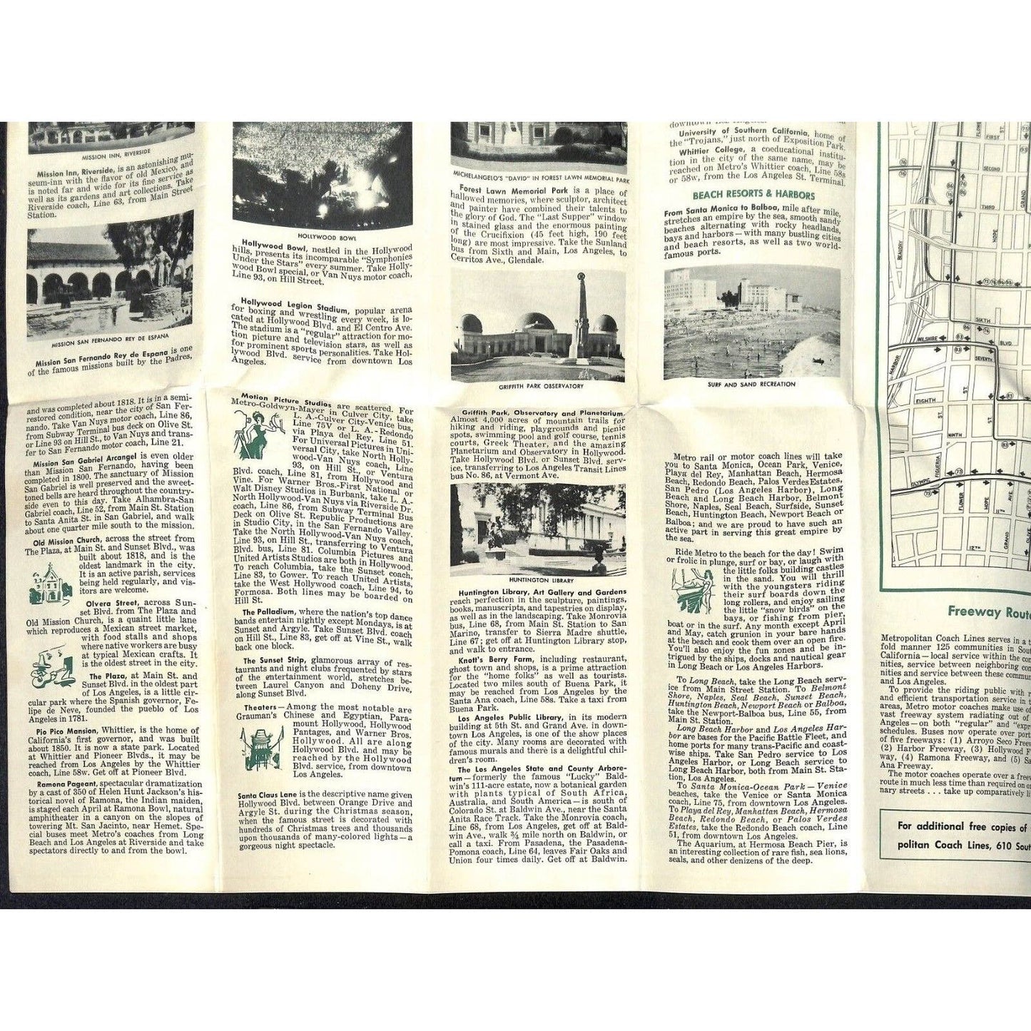 1954 Metropolitan Coach Lines Los Angeles Guide Map 21 1/2" x 33 1/2" VGC
