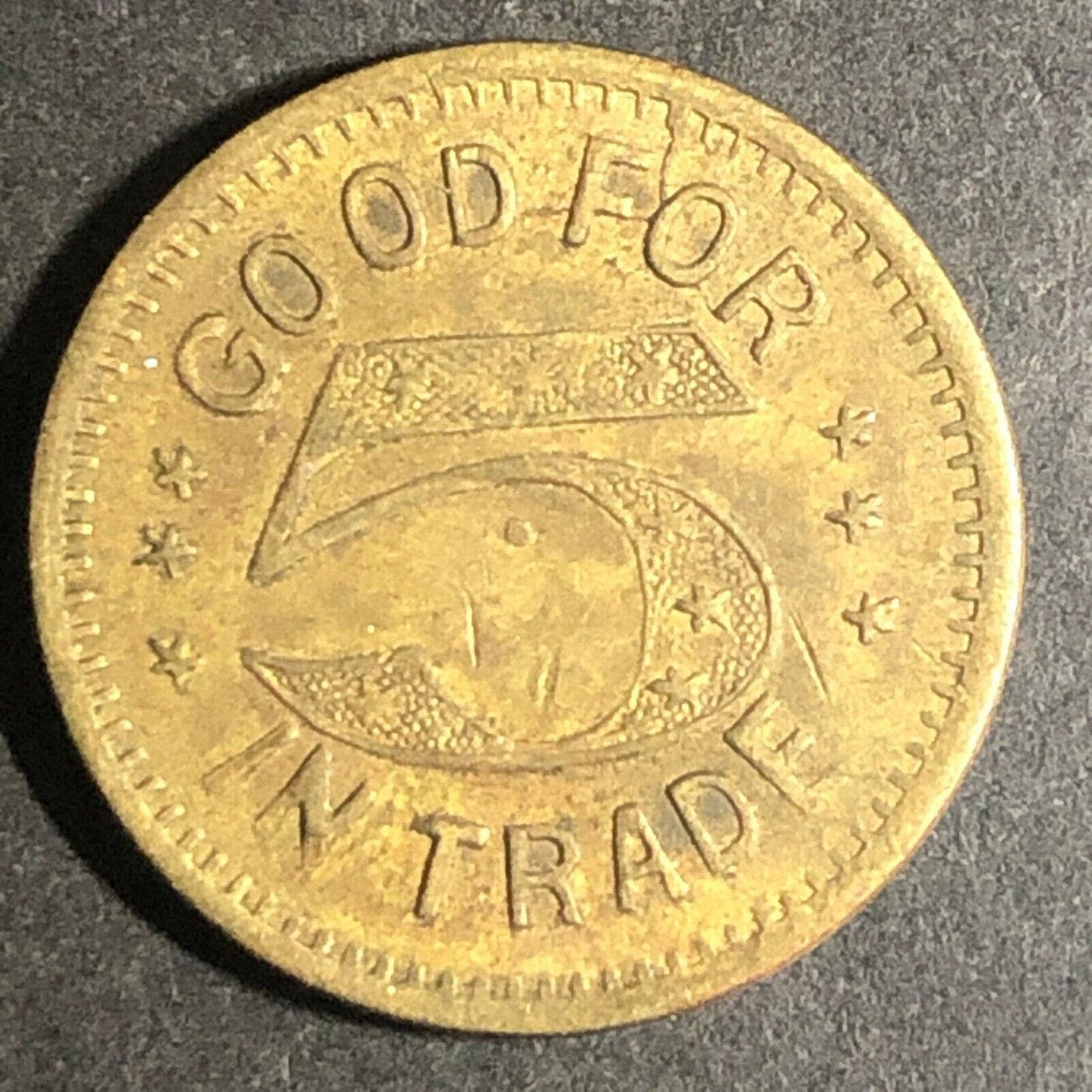 Vintage 21mm Brass "Check Boy - Good for 5 in Trade" Token