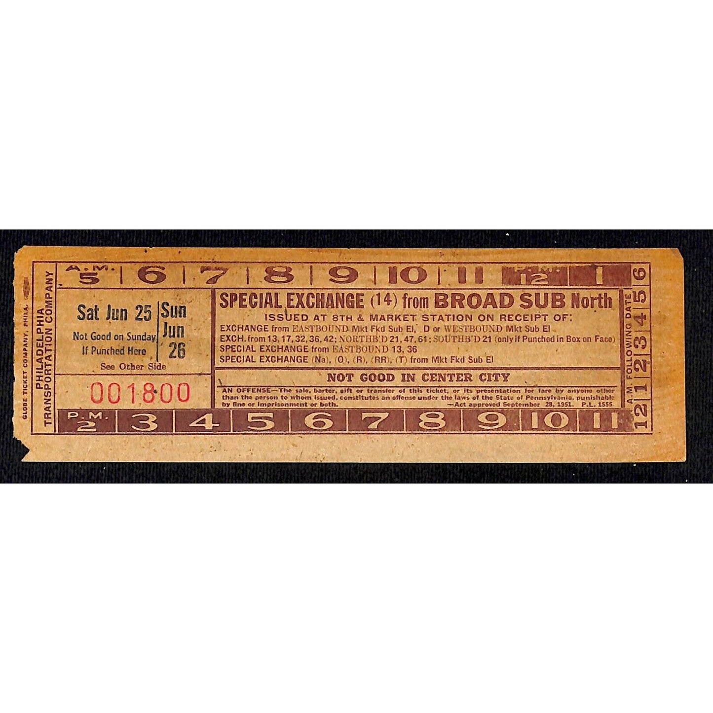 Vintage c1940's-50's Ticket - Philadelphia Transit Co. - Broad Sub North #1800
