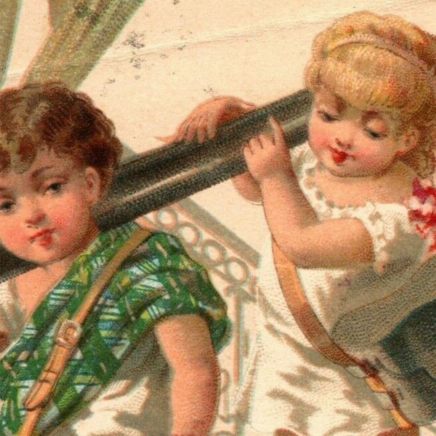 French Victorian Trade Card - 1889 Exposition Universelle Two well Dressed Girls