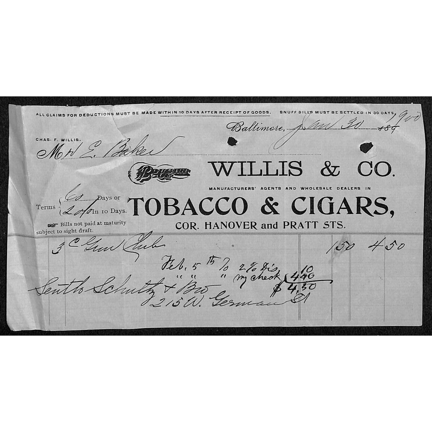 1900 Scarce Letterhead Billhead Willis & Co. Tobacco Cigar Baltimore - E. Baker*