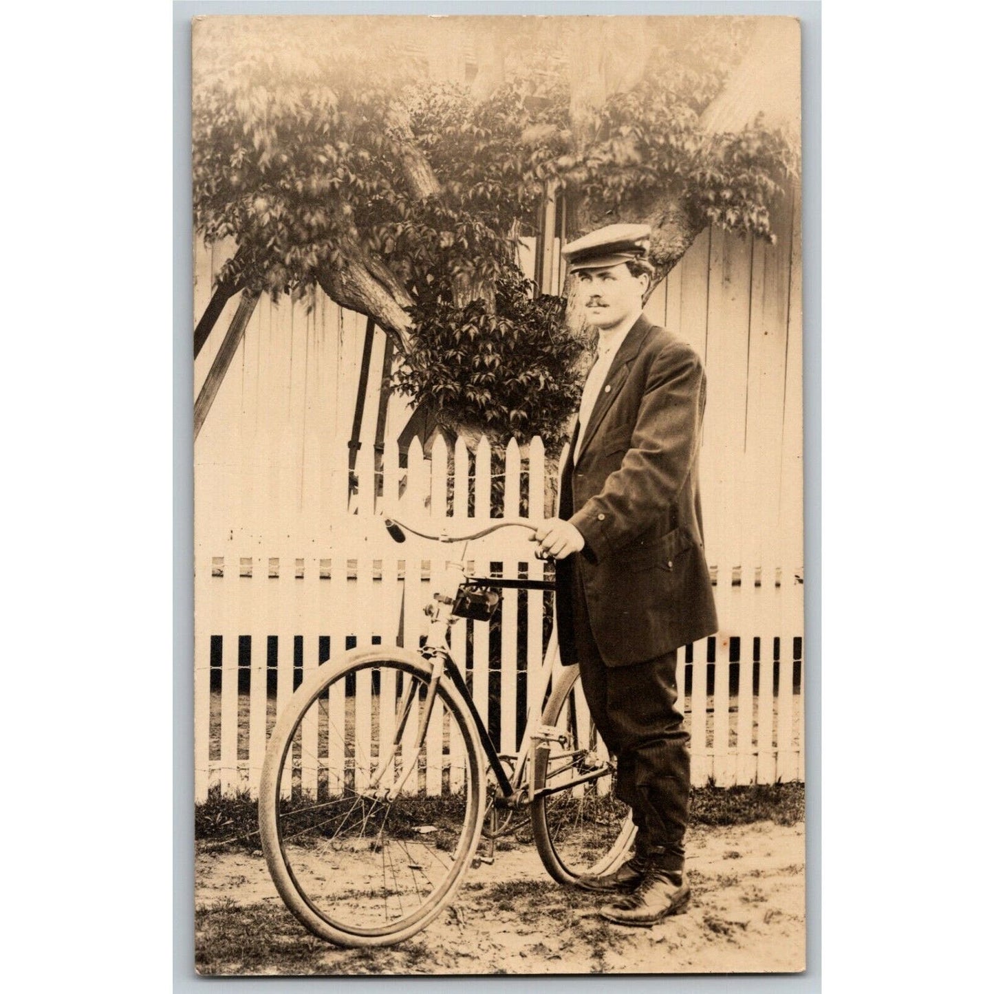 Vintage RPPC Postcard c1910 Man w/ Hat Posing Outdoors Bicycle - Unposted