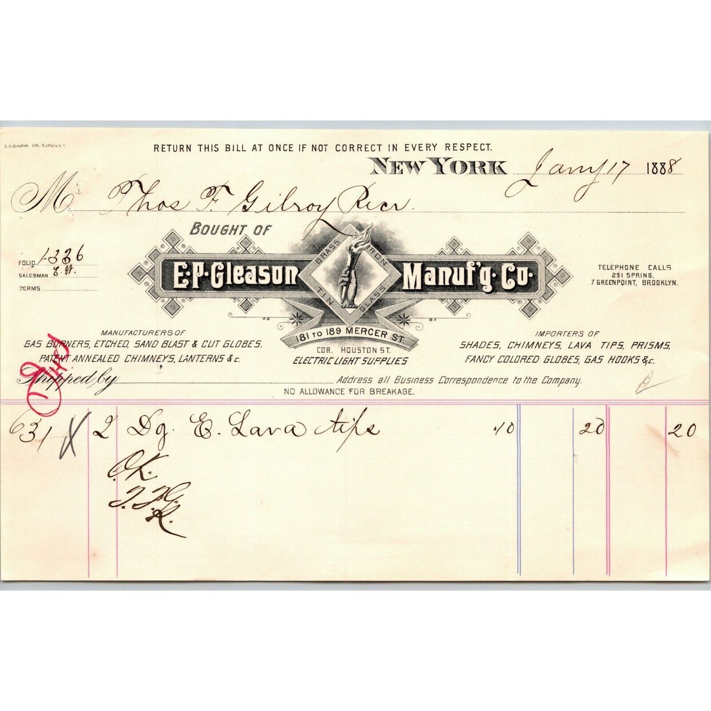 1888 E. P. Gleason Chimneys Lanterns Globes Billhead Letterhead Mercer St. NYC