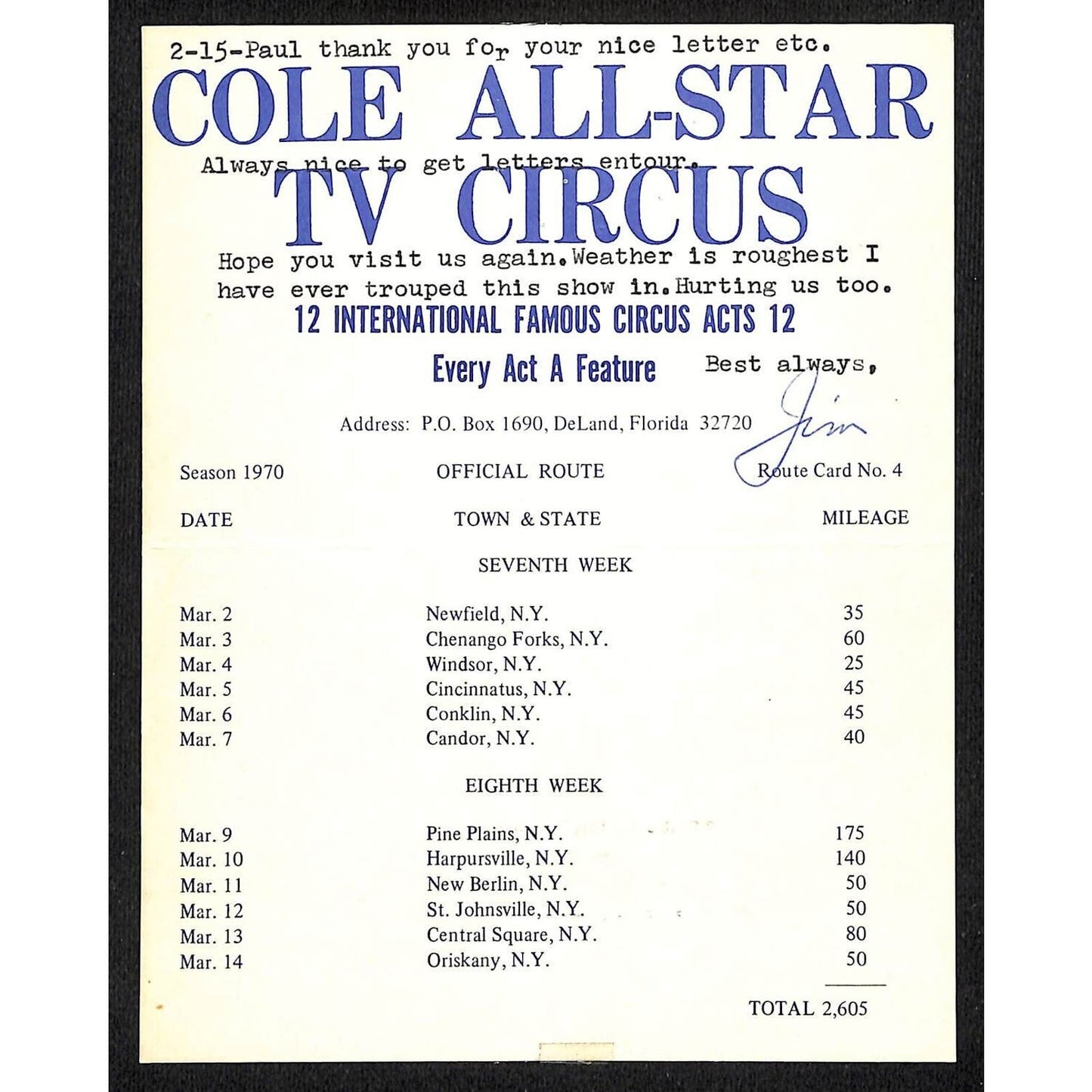 Cole All-Star TV Circus 1970 Route Card Mailer Several NY Stops w/ Personal Note