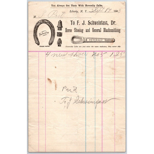 Liberty, NY F.J. Schweinfast Horse Shoeing & Blacksmithing Sept 17 1903 Billhead