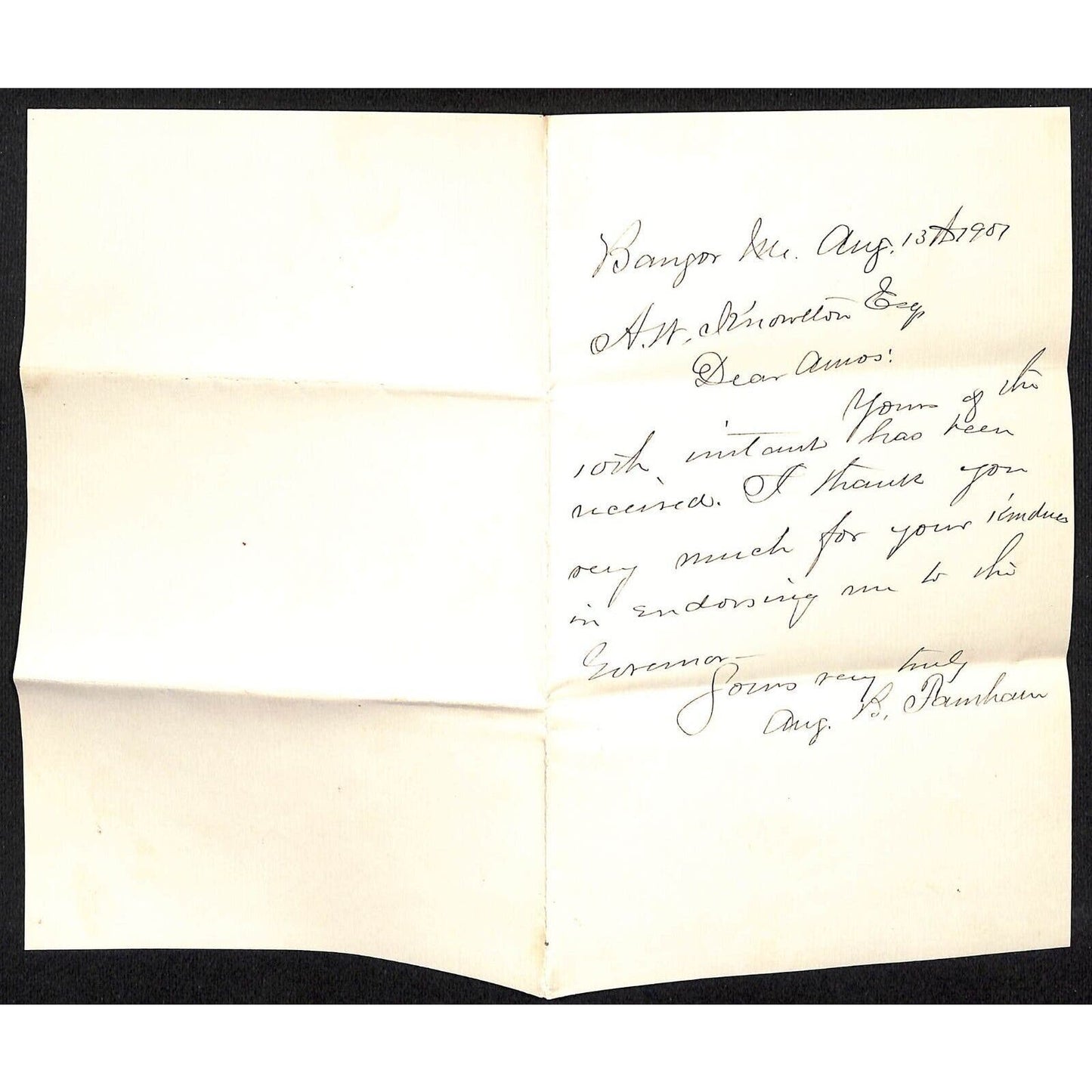 Newburgh, ME Amos W. Knowlton* 1901 ALS - An Endorsement Thank You Letter