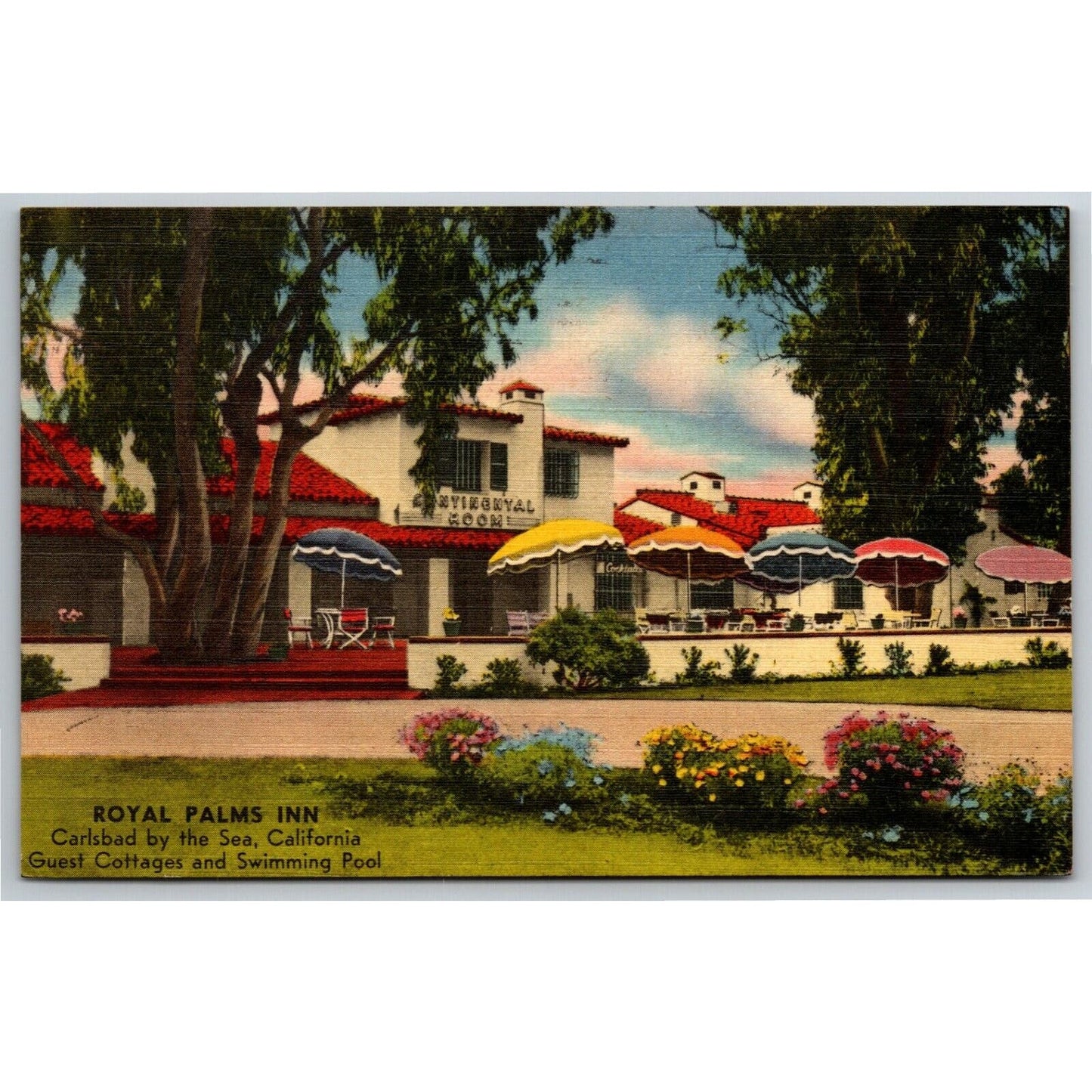 Scarce Linen Postcard Royal Palms Inn Carlsbad by the Sea PM 1959 VGC