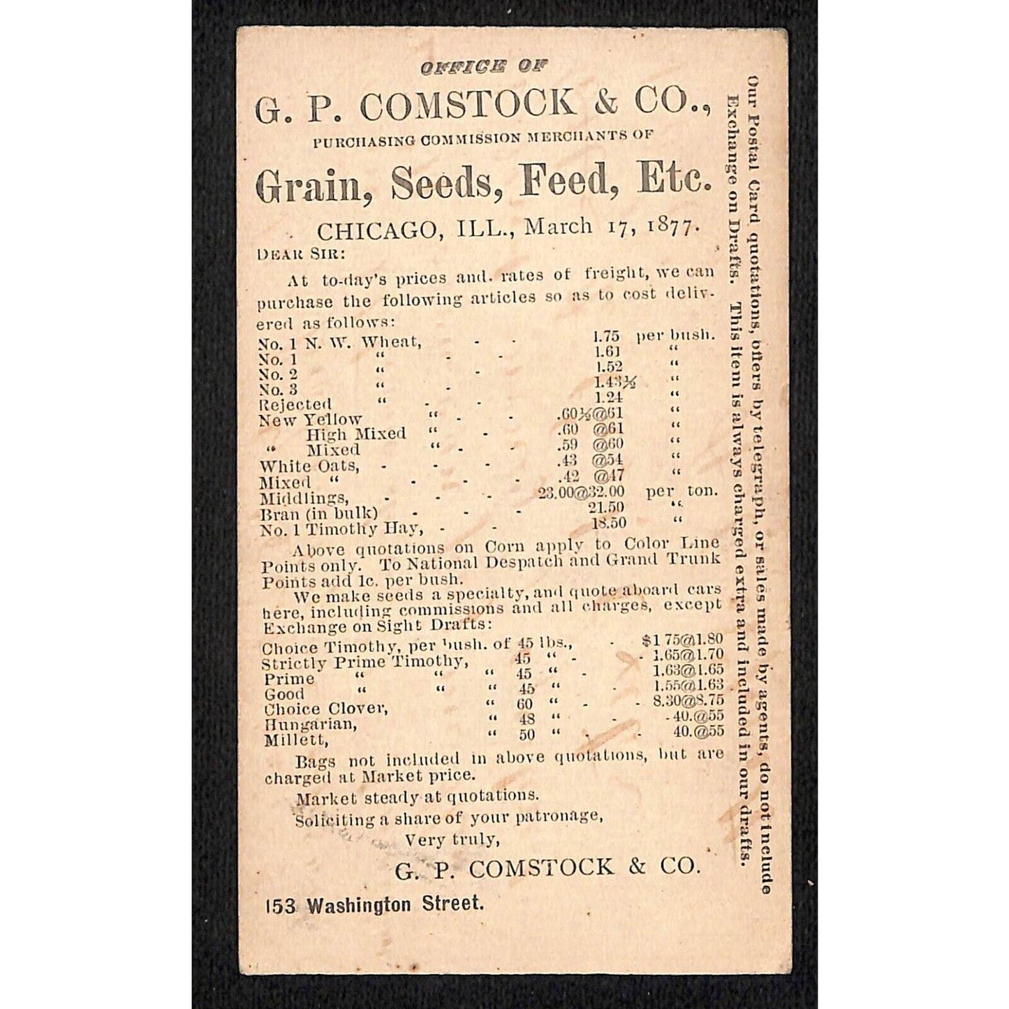 1877 Chicago G.P. Comstock & Co. Grain Seeds w/ Prices Advertising Postal Card
