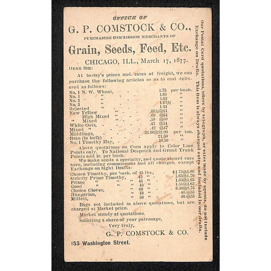 1877 Chicago G.P. Comstock & Co. Grain Seeds w/ Prices Advertising Postal Card