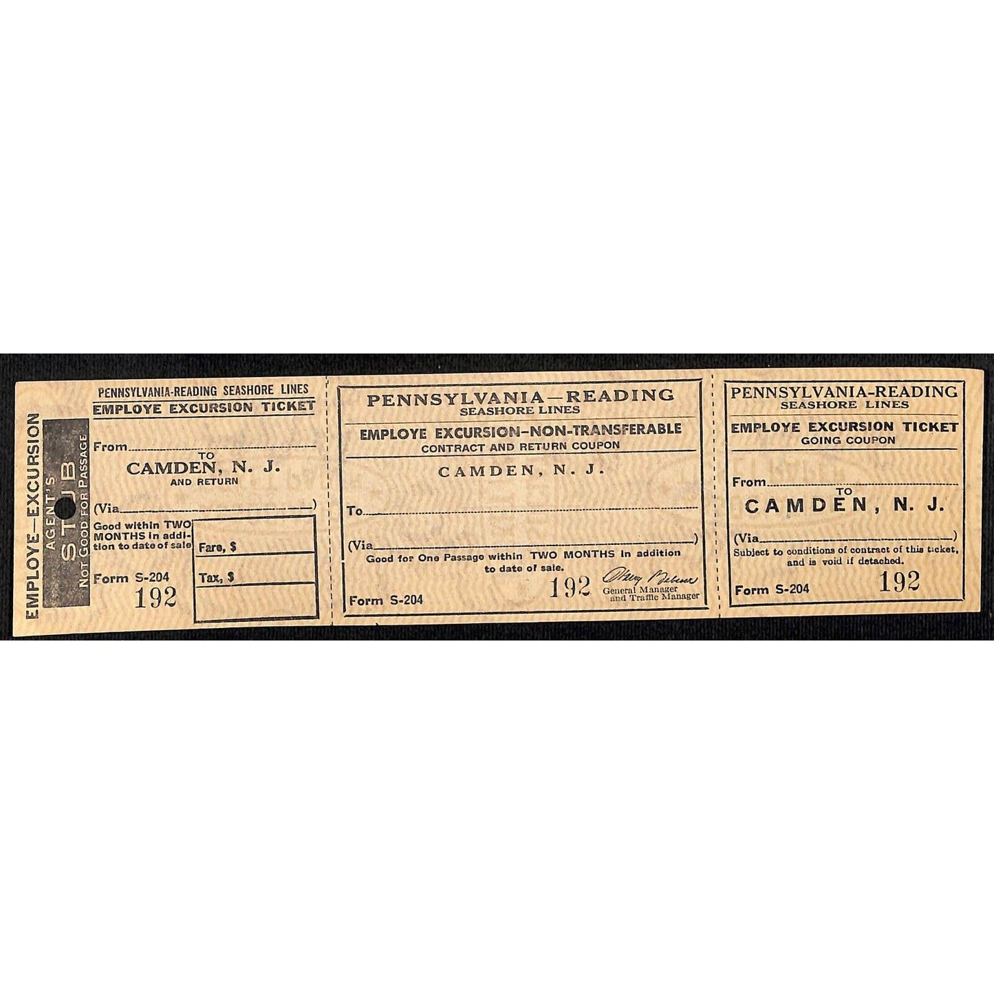Pennsylvania - Reading RR Seashore Line SAMPLE Employee Excursion Ticket #192