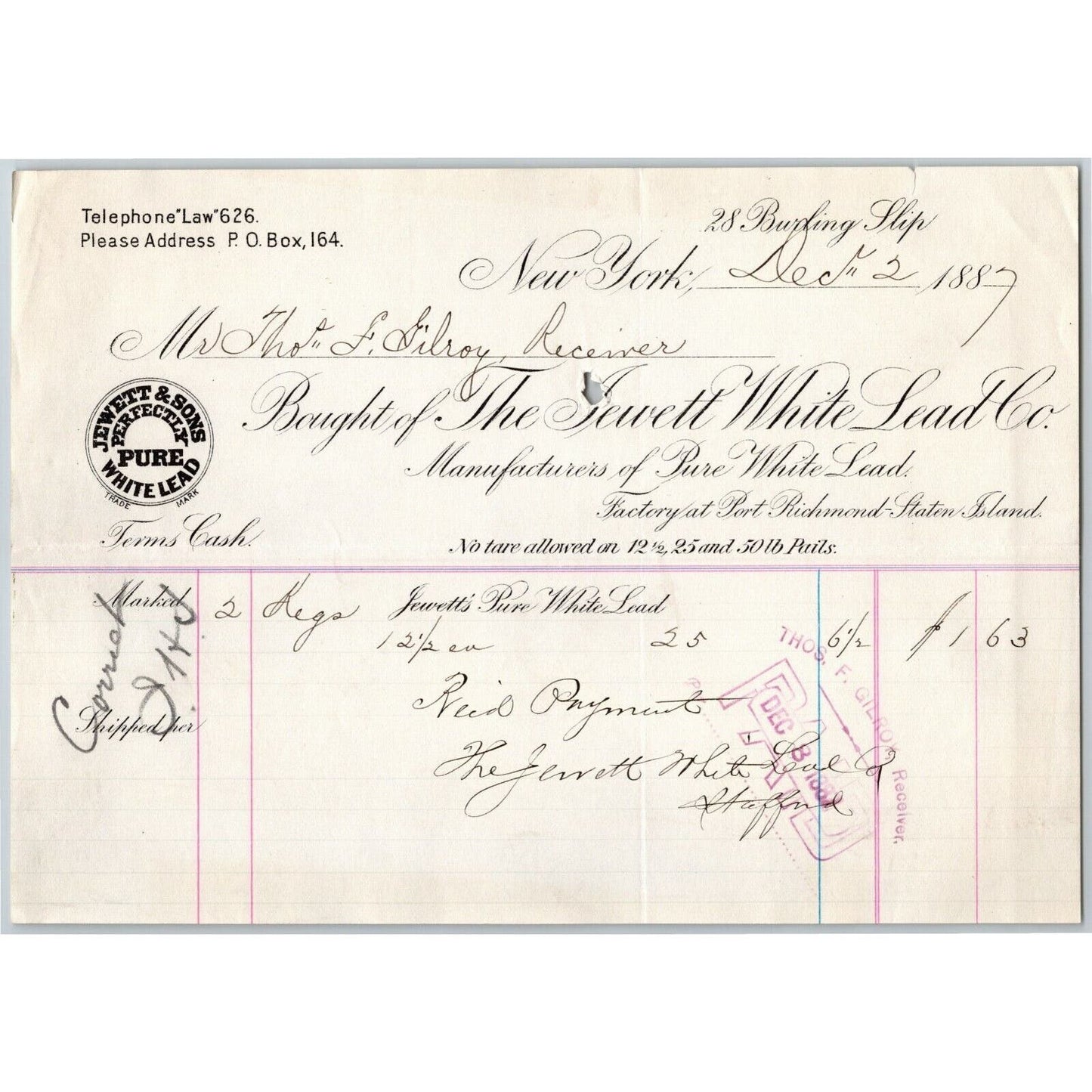 1887 "The Jewett White Lead Co." Billhead Letterhead Staten Island, NY