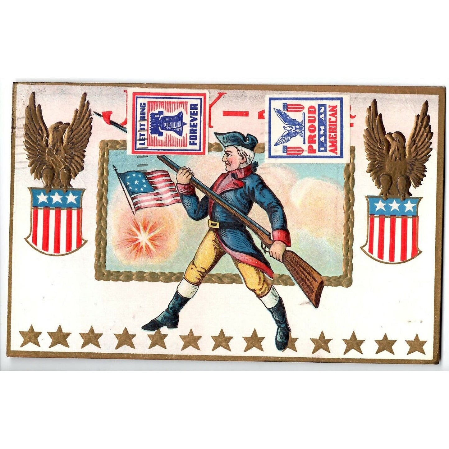 Vintage US Flag Eagle Stars Soldier Patriotic Postcard 1945 Embossed Gilt